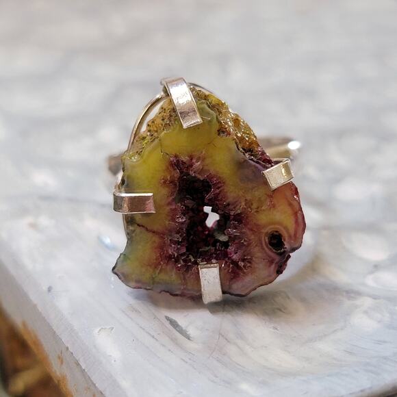 Yellow and Pink Agate Slice Statement Rings, 0.57 Inch Ring, Size 8 - Picture 4 of 10